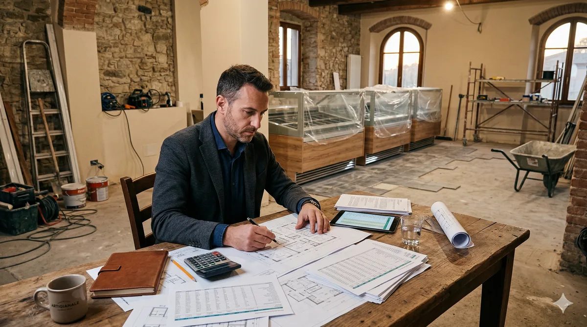 Interior de heladería artesanal en proceso de instalación con maquinaria de obrador