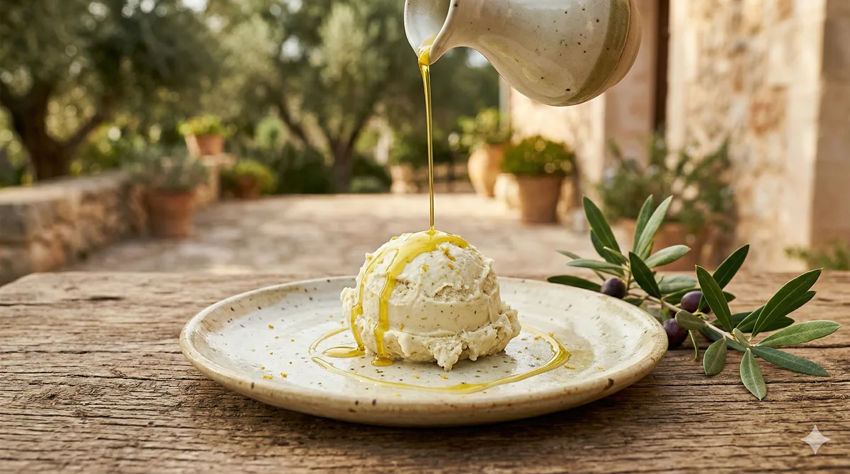 Bola de helado artesanal con hilo de aceite de oliva virgen extra y sal marina