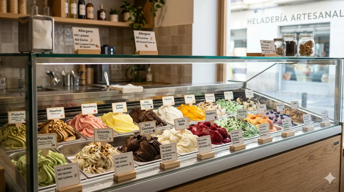 Carta de alérgenos en heladería artesanal con los 14 alérgenos de declaración obligatoria