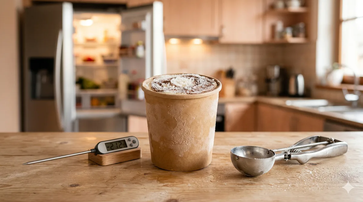 Tarrina de helado artesanal bien cerrada dentro de un congelador doméstico