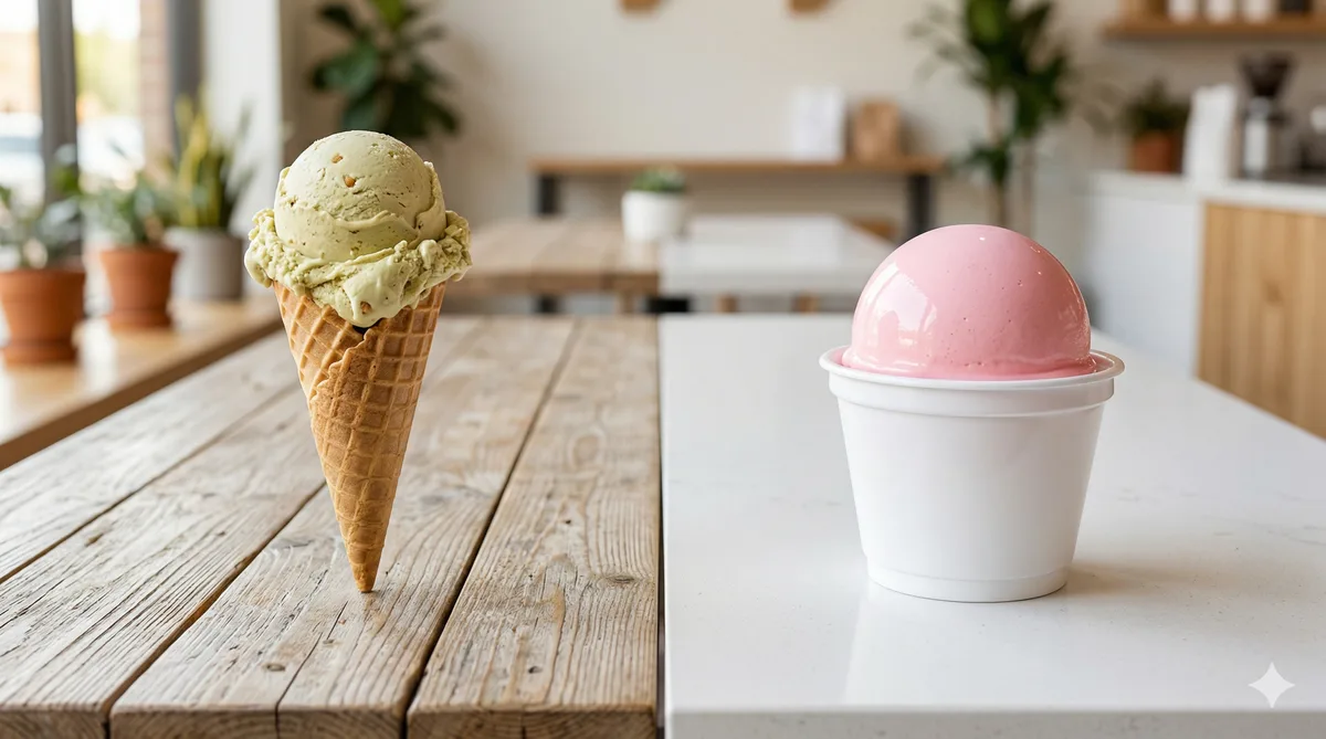 Comparativa visual: vitrina de heladería artesanal con helado mates y vitrina industrial con colores neón