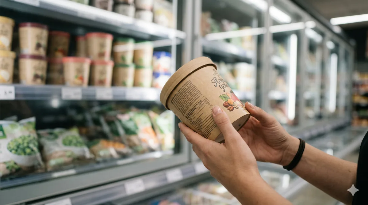 Primer plano de la etiqueta nutricional y lista de ingredientes en una tarrina de helado artesanal