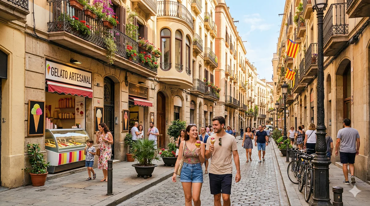 Heladería artesanal en el barrio de Gràcia de Barcelona con terraza y vitrina de sabores de temporada