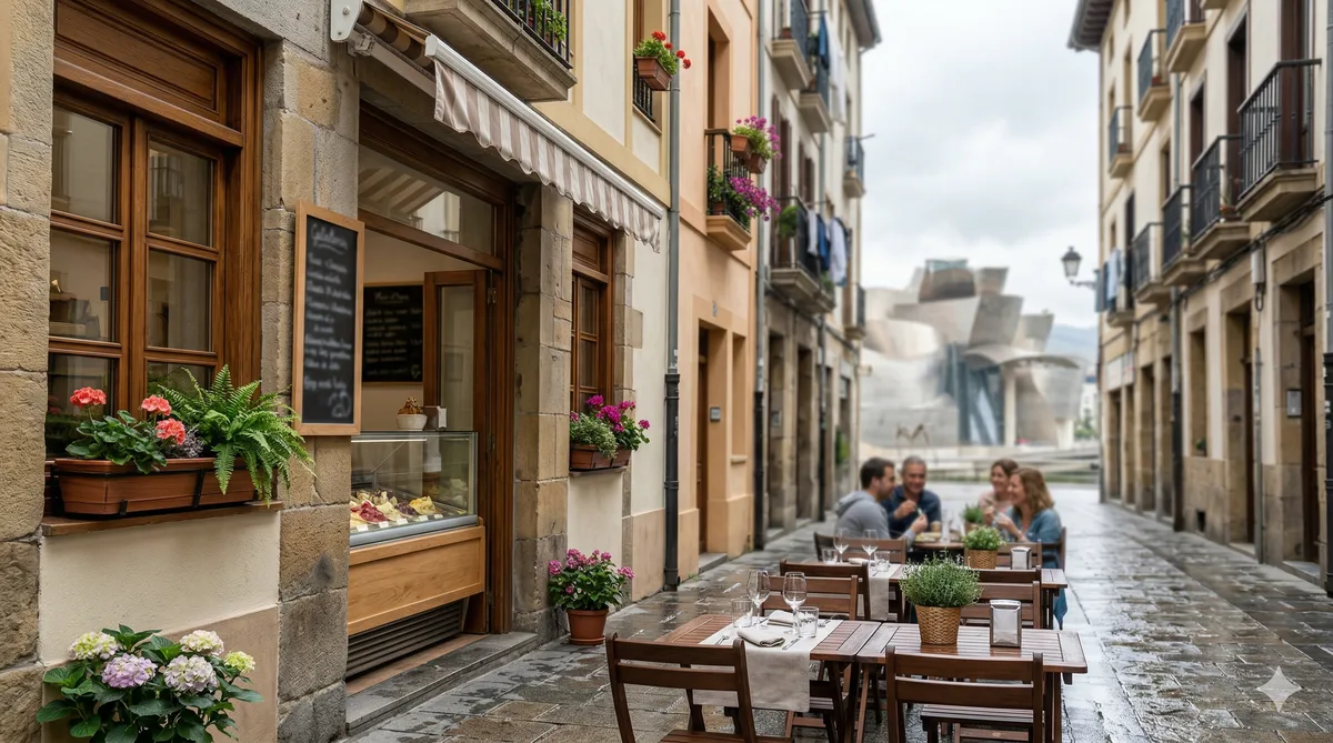 Fachada de una heladería artesanal en el casco viejo de Bilbao con el puente Zubizuri al fondo