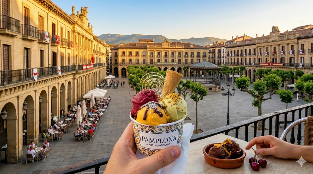 Heladería artesanal en el casco antiguo de Pamplona con vitrina de helados de temporada