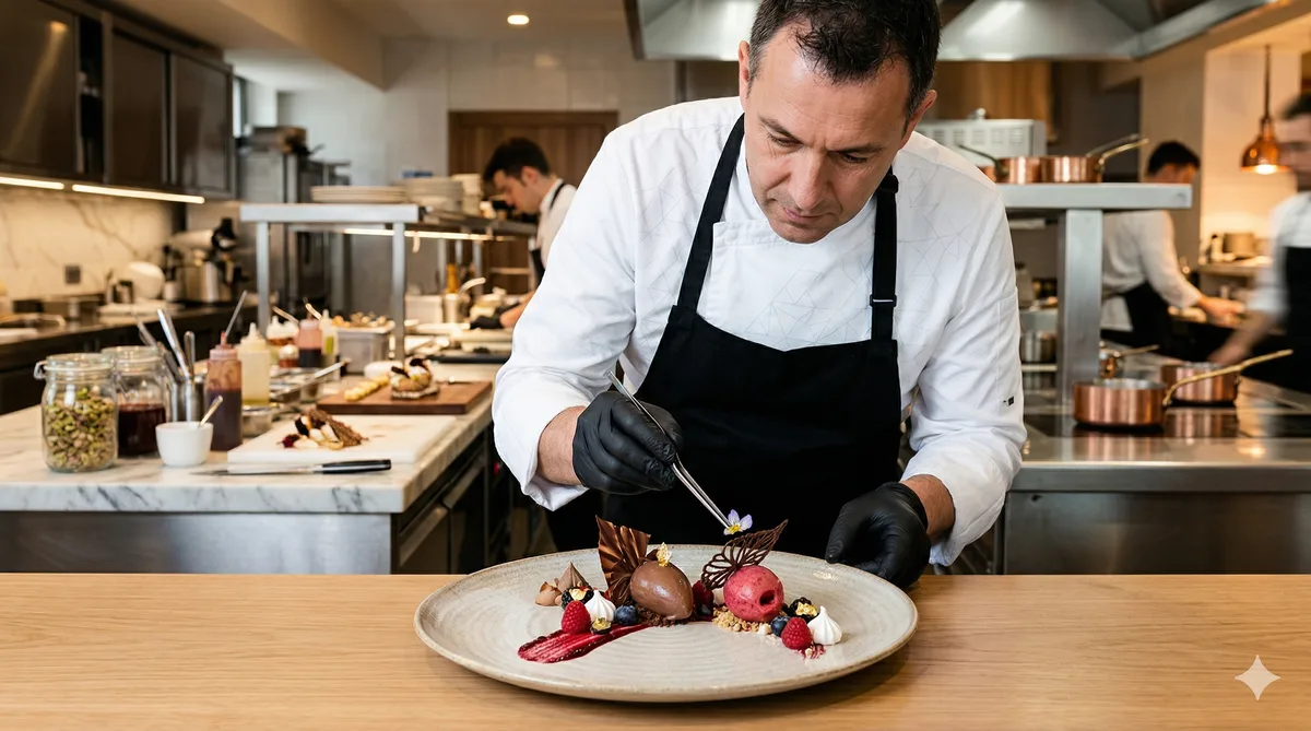 Presentación de helado de autor en vitrina de heladería artesanal de alta gastronomía en España