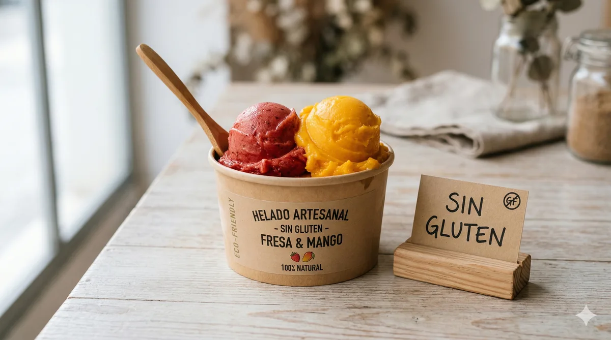 Helado artesanal de fruta sin gluten con etiqueta sin gluten visible en heladería artesanal