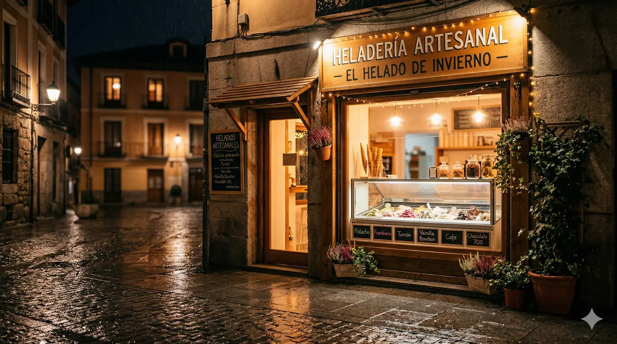 Heladería artesanal abierta en invierno con vitrina iluminada y poca cola