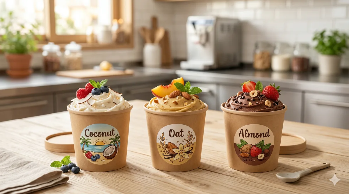 Bolas de helado vegano de coco y frutas en una heladería artesanal española