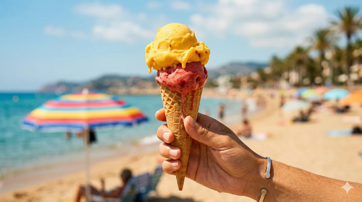 Helado artesanal derritiéndose lentamente en plato bajo calor de verano, colores vivos