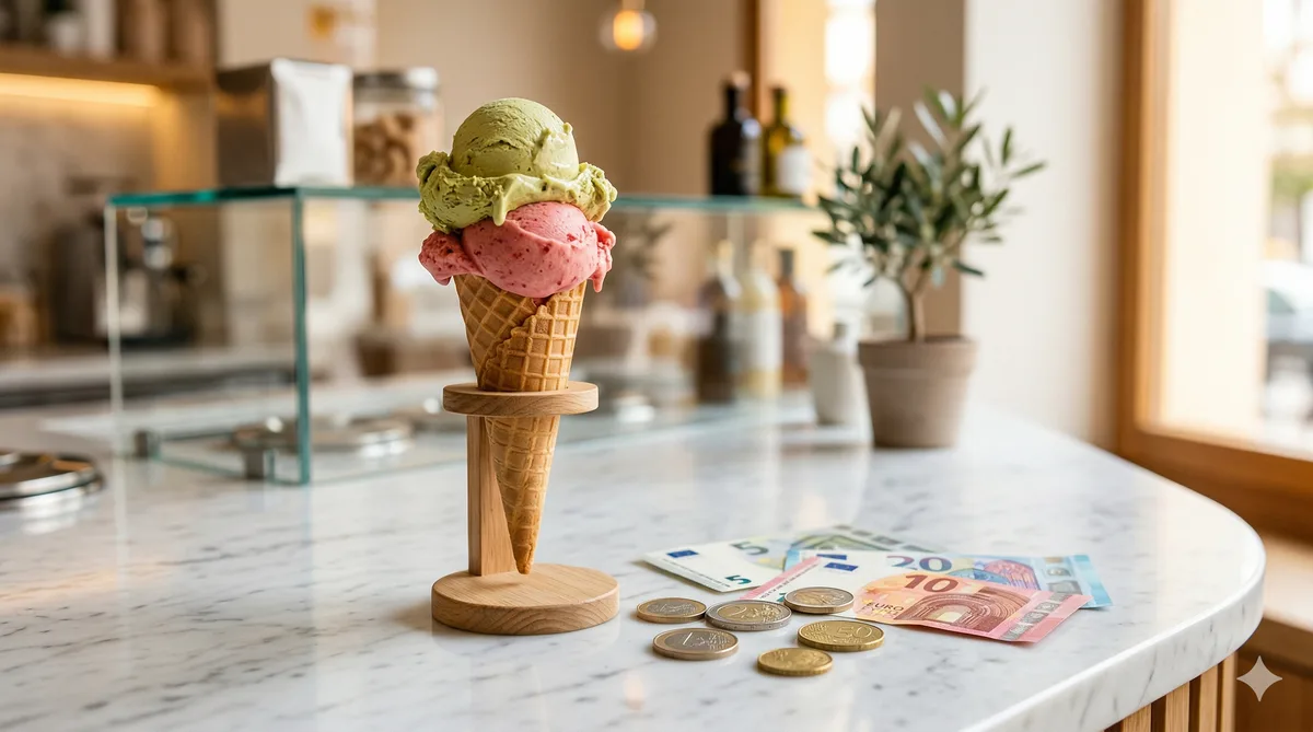 Mano sosteniendo un cucurucho de helado artesanal con tres sabores frente a una fachada de heladería