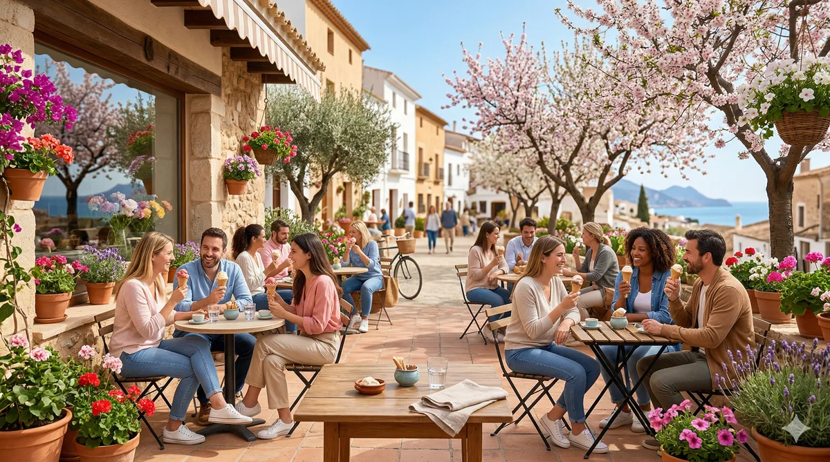Vitrina de helados artesanales con la calle llena de gente al fondo en un día soleado en España