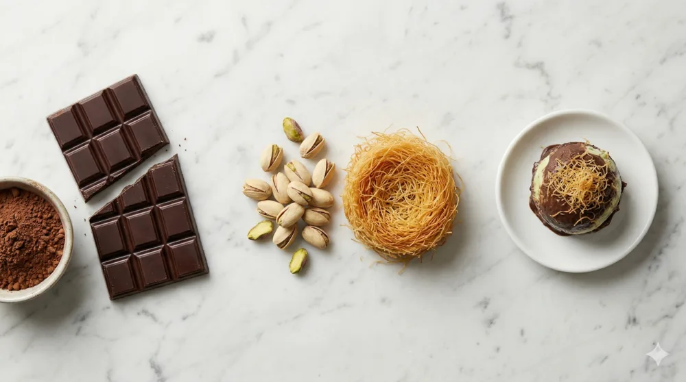 Helado de Chocolate Dubai con capas de pistacho y kadayif crujiente