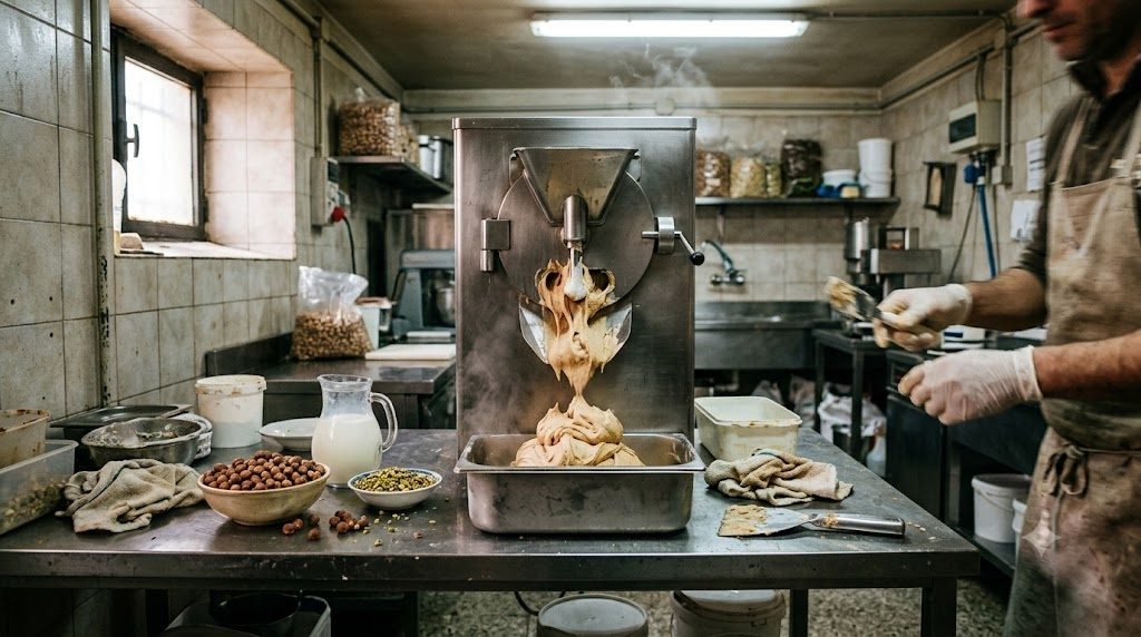 Laboratorio di una gelateria artigianale: mantecatore verticale in acciaio con gelato appena mantecato che cade in una vaschetta, nocciole e pistacchi sul banco da lavoro.