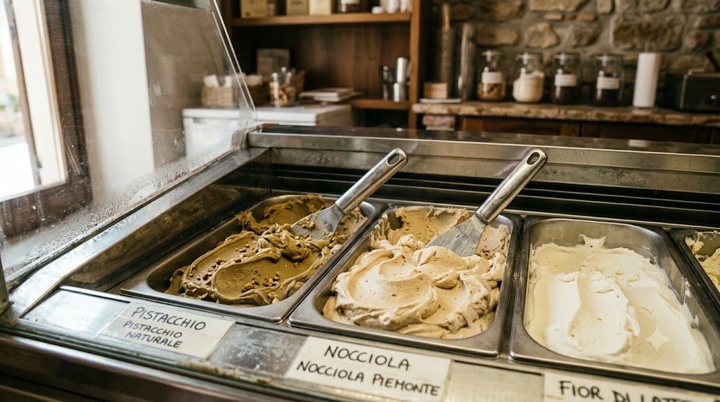 Vetrina di una gelateria artigianale italiana con vaschette in acciaio e gelato dai colori naturali e spenti: pistacchio verde oliva, nocciola, fior di latte.